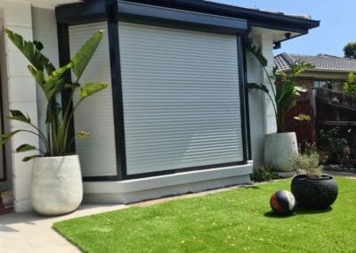 White roller shutter and grass